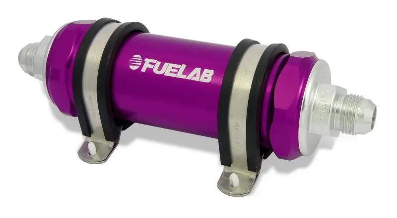 Fuelab 858 Inline Fuel Filter – -6An Inlet / -10An Outlet, 40-Micron Stainless Steel With Check Valve (Purple Housing) 1