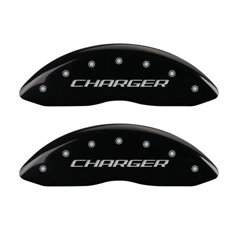 Mgp Engraved Caliper Covers – Front (Charger Design), Rear (Rt Logo), Black Finish With Silver Chrome Accents 1