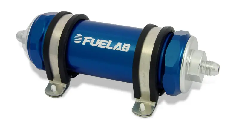 Fuelab 858 Inline Fuel Filter – -10An Inlet/Outlet, 6-Micron Fiberglass, Integrated Check Valve (Blue) 1
