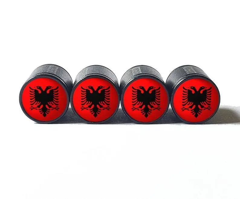 Albanian Albania Flag Tire Valve Caps - Black Aluminum - Set Of Four 1