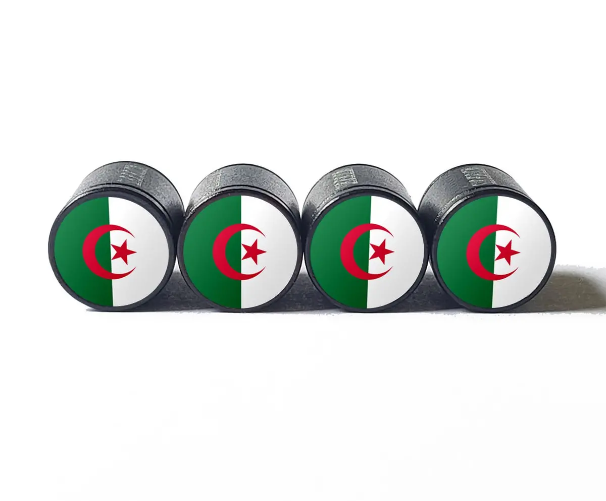 Algeria Algerian Flag Tire Valve Stem Caps - Black Aluminum - Set Of Four 1