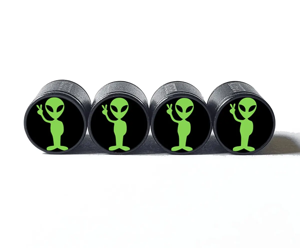 Alien Peace Sign (Style 1) Tire Valve Caps - Black Aluminum - Set Of 4 1