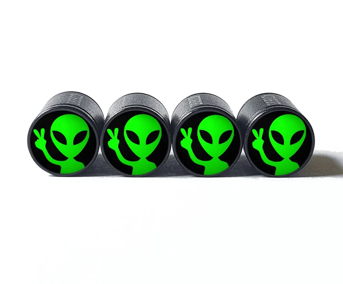 Alien Peace Sign (Style 2) Tire Valve Caps - Black Aluminum - Set Of Four 1
