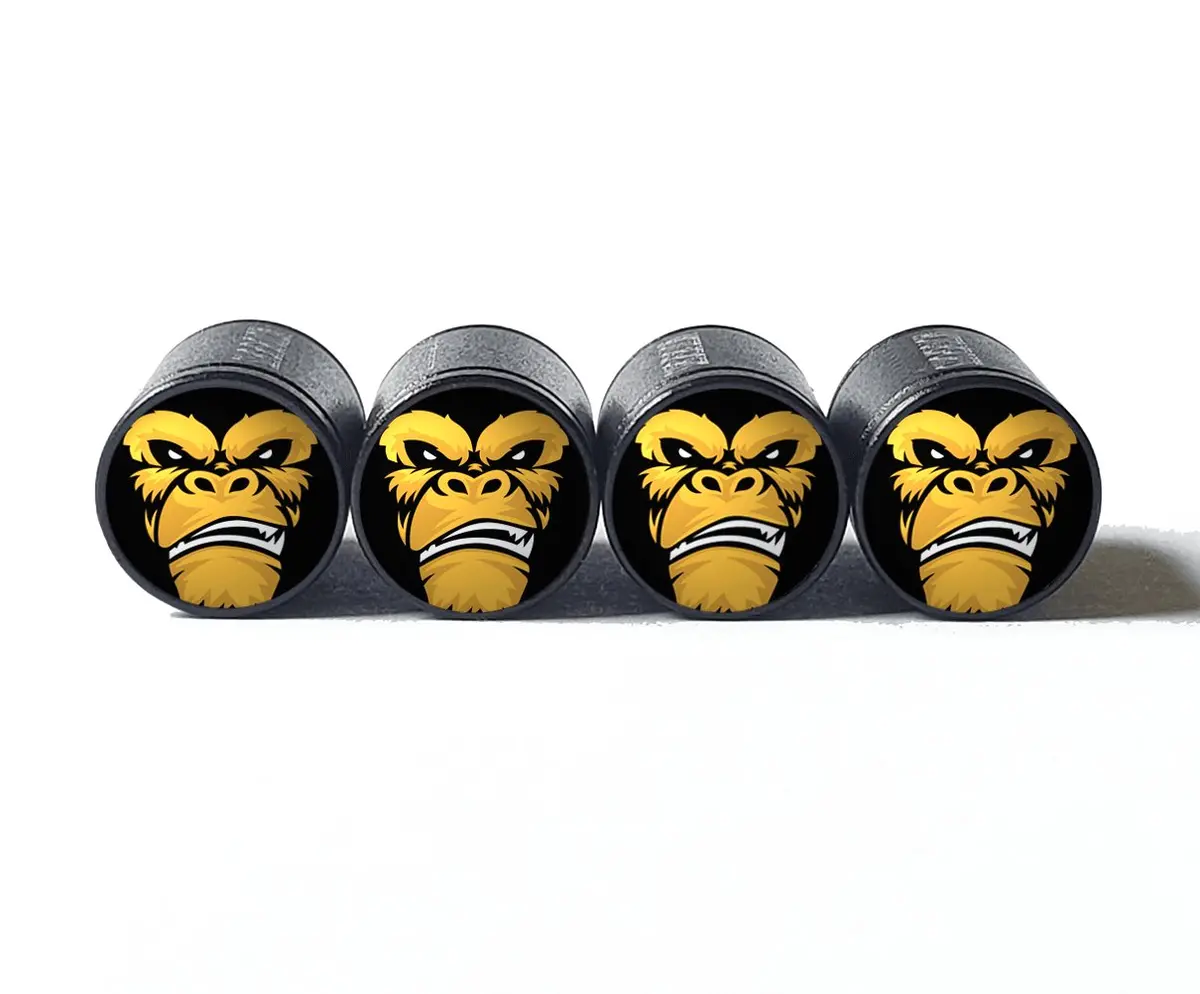 Angry Gorilla Ape (Style 4) Tire Valve Caps - Black Aluminum - Set Of Four 1