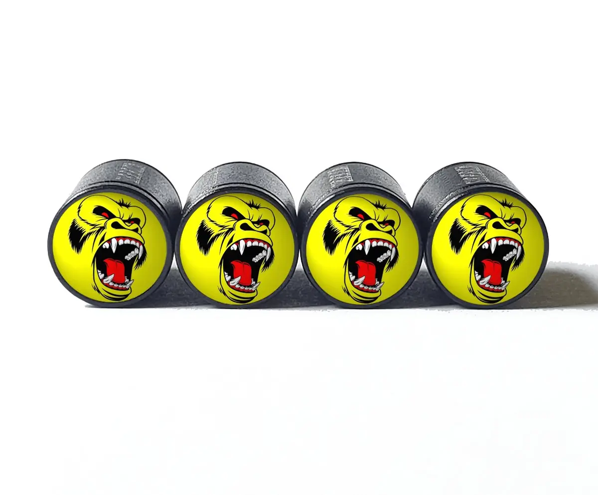 Angry Gorilla Ape (Style 7) Tire Valve Caps - Black Aluminum - Set Of Four 1