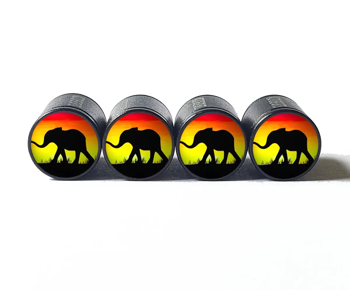 Baby Elephant And The Sunset Tire Valve Caps - Black Aluminum - Set Of Four 1