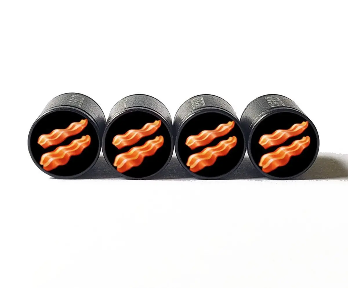 Bacon Strips  Tire Valve Caps - Black Aluminum - Set Of Four 1