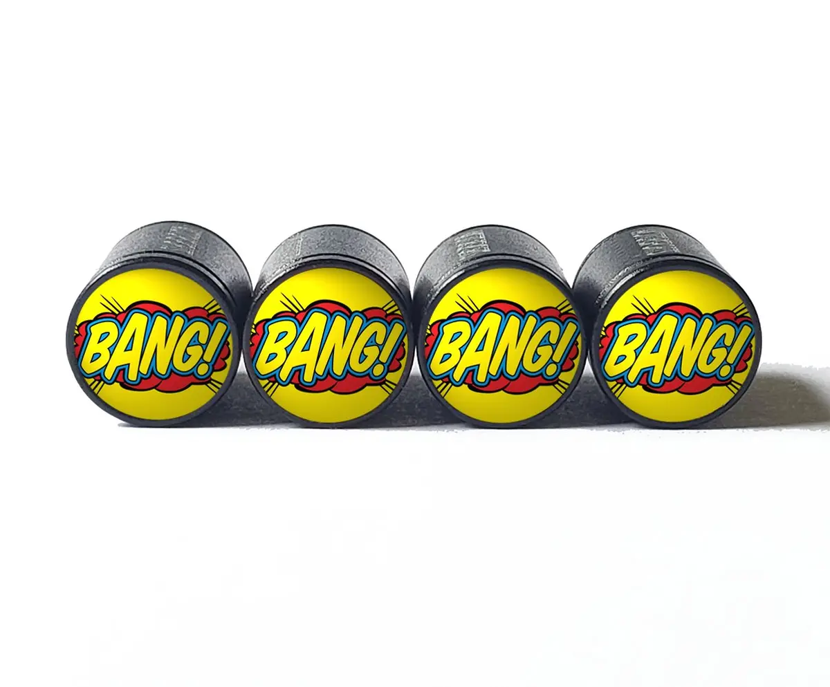 Bang Comic Action Word Tire Valve Caps - Black Aluminum - Set Of 4 1