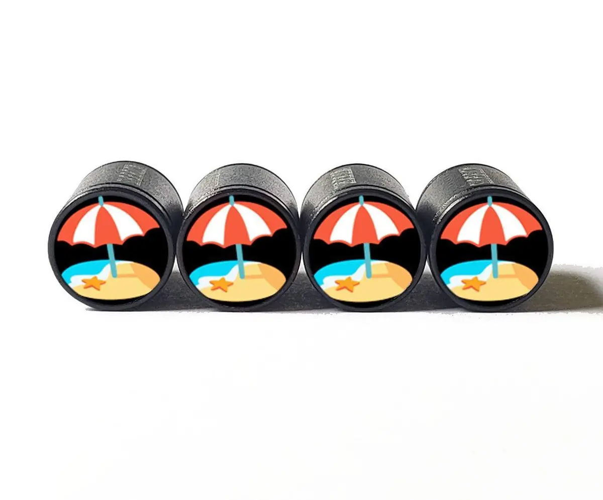 Beach Umbrella Emoji Tire Valve Caps - Black Aluminum - Set Of Four 1