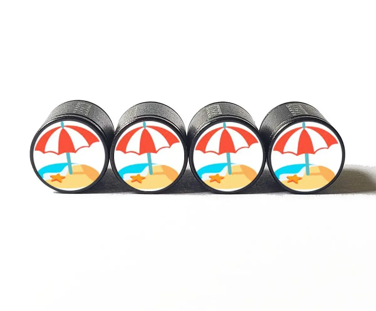 Sandy Beach With Umbrella Tire Valve Caps - Black Aluminum - Set Of Four 1