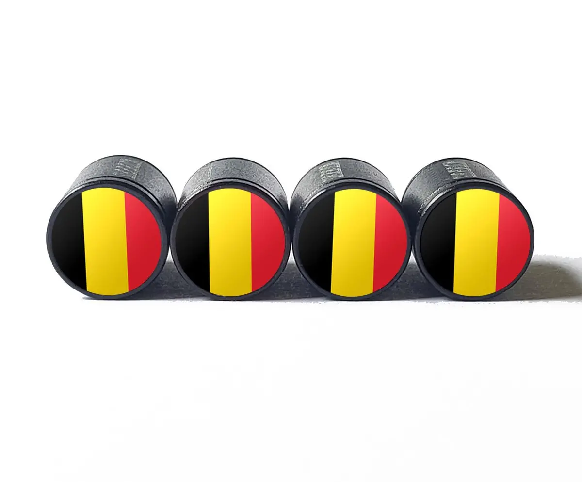 Belgium Flag Tire Valve Caps - Black Aluminum - Set Of Four 1