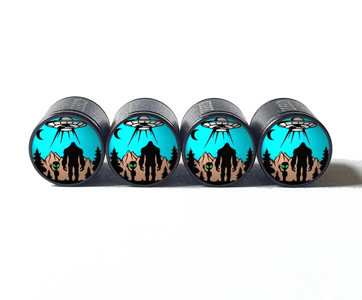 Bigfoot, Alien, And Spaceship Tire Valve Caps - Black Aluminum - Set Of Four 1