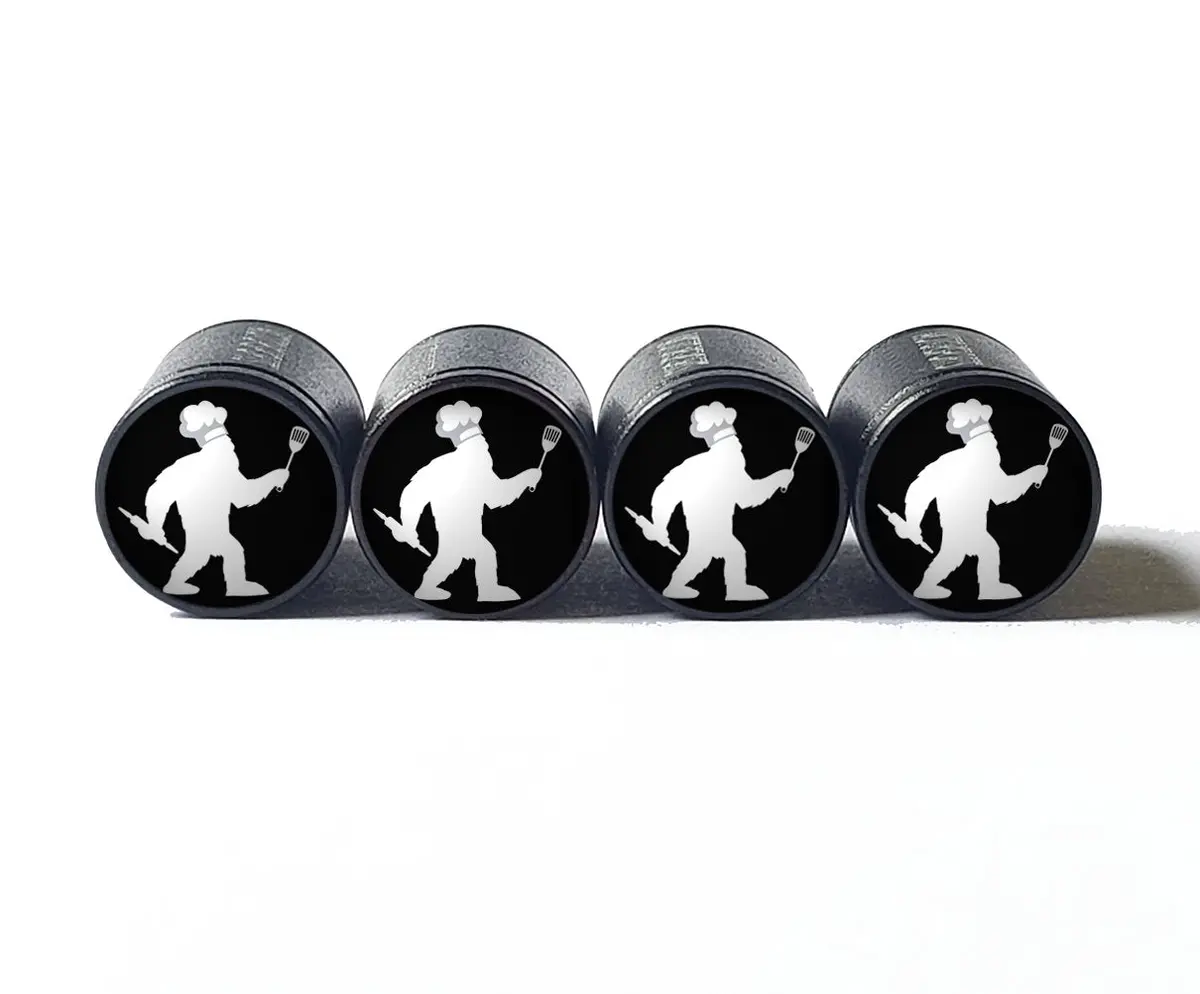 Bigfoot Sasquatch Chef Cooking Tire Valve Caps - Black Aluminum - Set Of Four 1