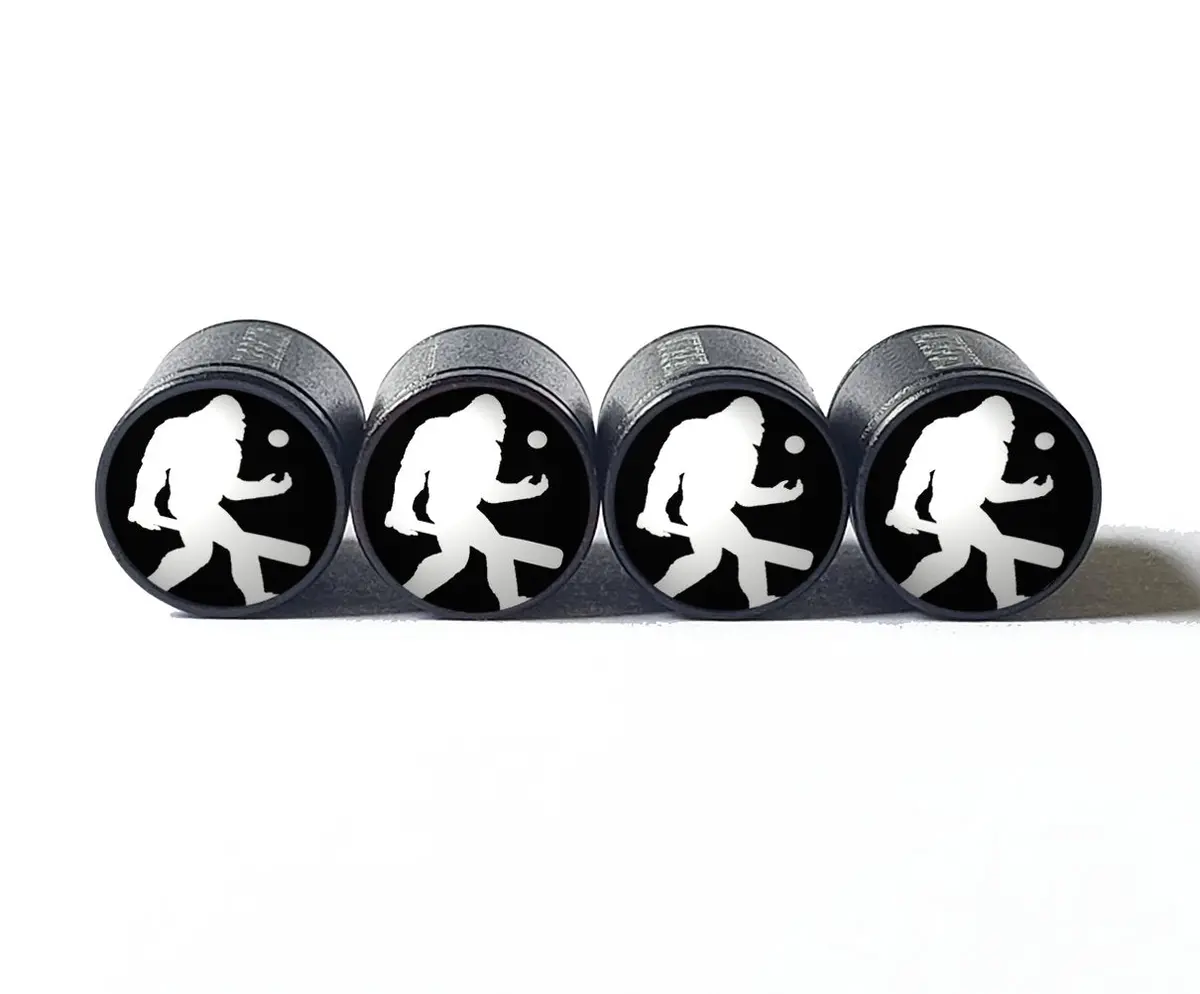 Bigfoot Sasquatch Baseball Player Tire Valve Caps - Black Aluminum - Set Of Four 1