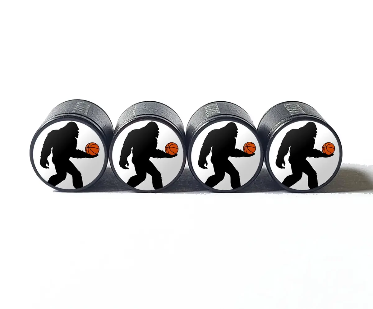 Bigfoot Sasquatch Basketball Player Tire Valve Caps - Black Aluminum - Set Of Four 1
