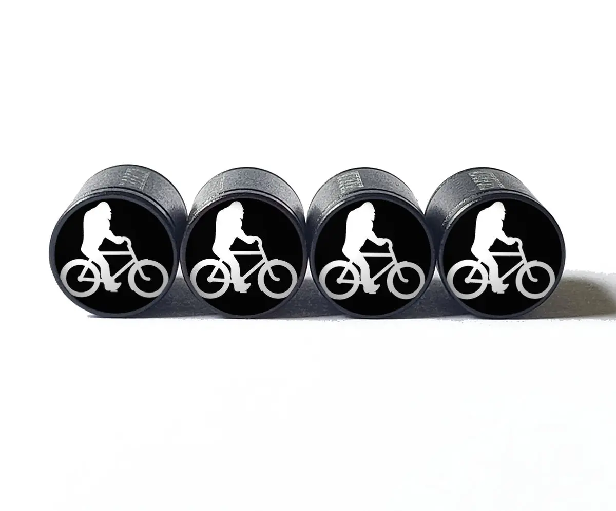 Bigfoot Sasquatch Bike Riding Tire Valve Caps - Black Aluminum - Set Of Four 1