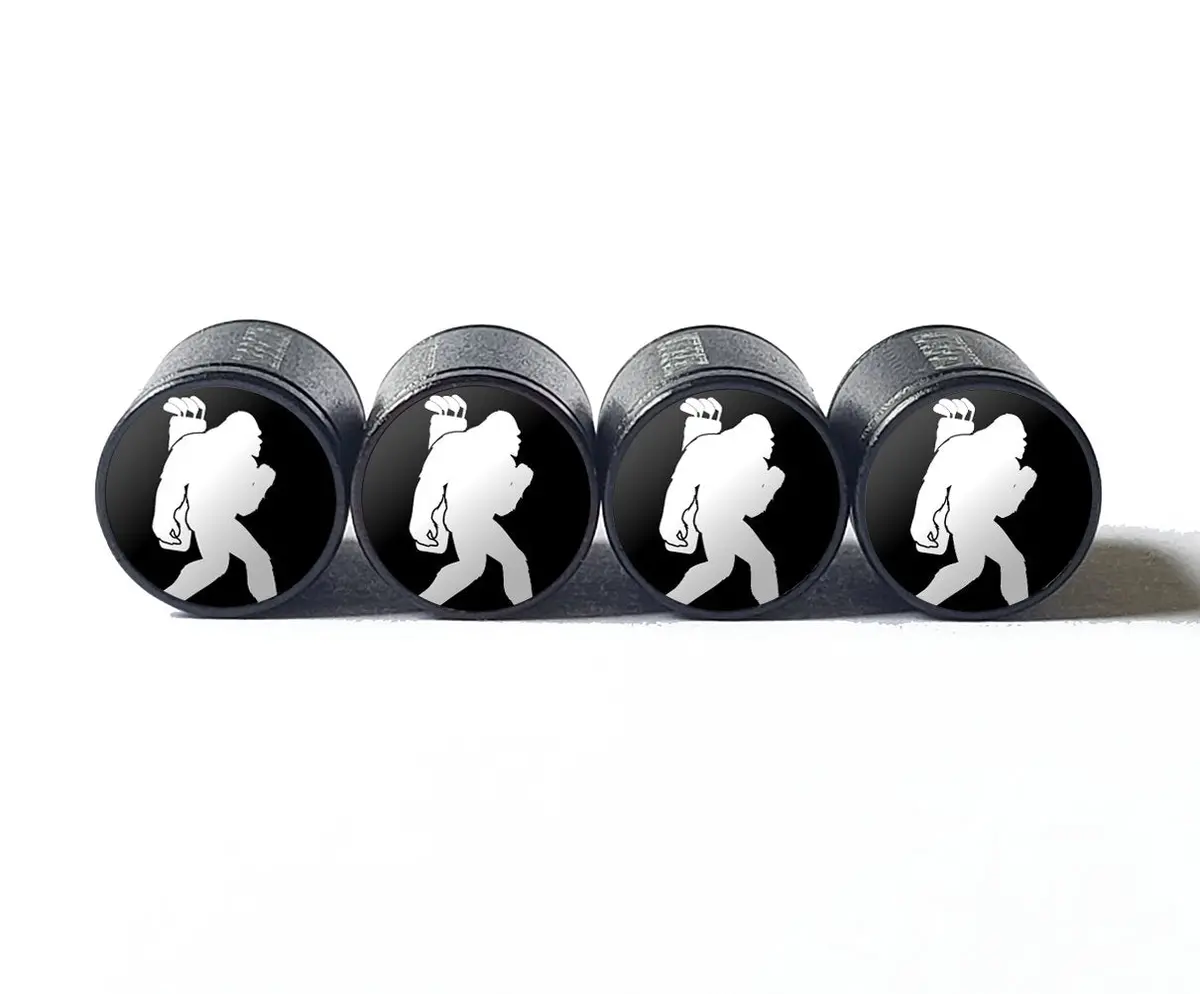 Bigfoot Sasquatch Carrying A Golf Bag Tire Valve Caps - Black Aluminum - Set Of Four 3