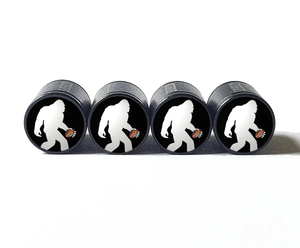 Bigfoot Sasquatch Football Player Tire Valve Caps - Black Aluminum - Set Of Four 1