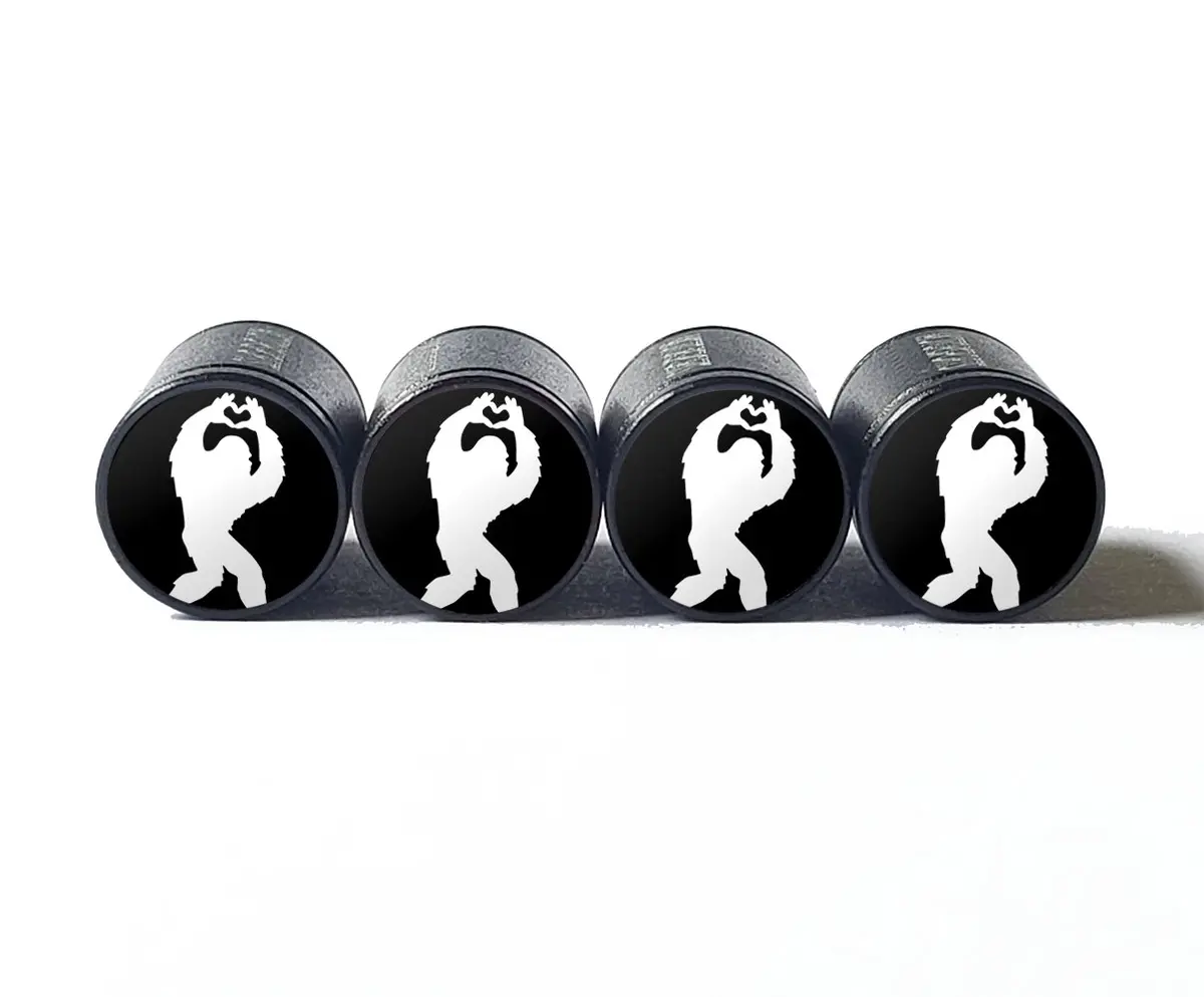 Bigfoot Sasquatch Heart Sign With Hands Tire Valve Caps - Black Aluminum - Set Of Four 1
