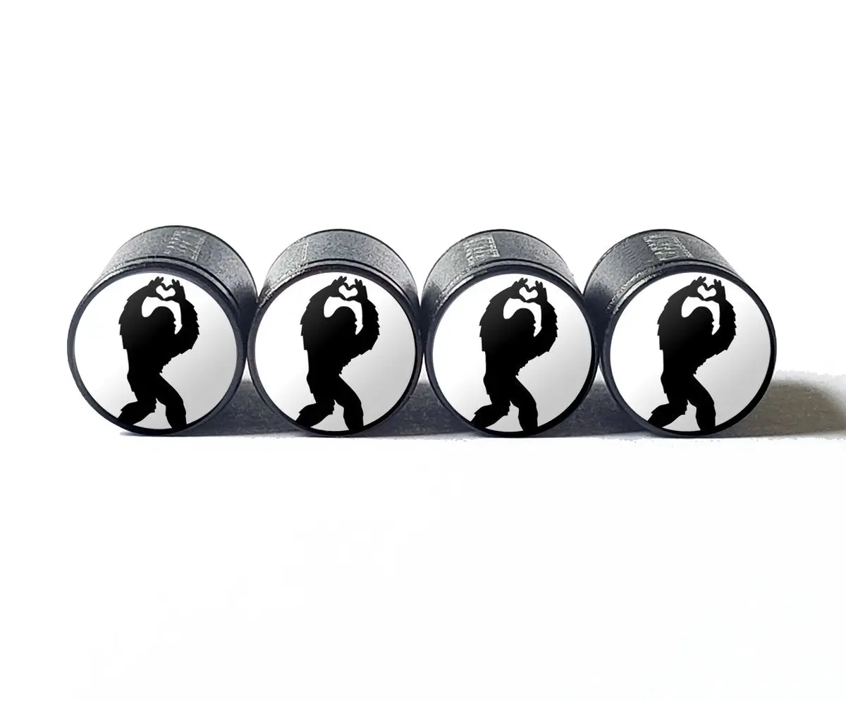 Bigfoot Sasquatch Heart Sign With Hands Tire Valve Caps - Black Aluminum - Set Of Four 2