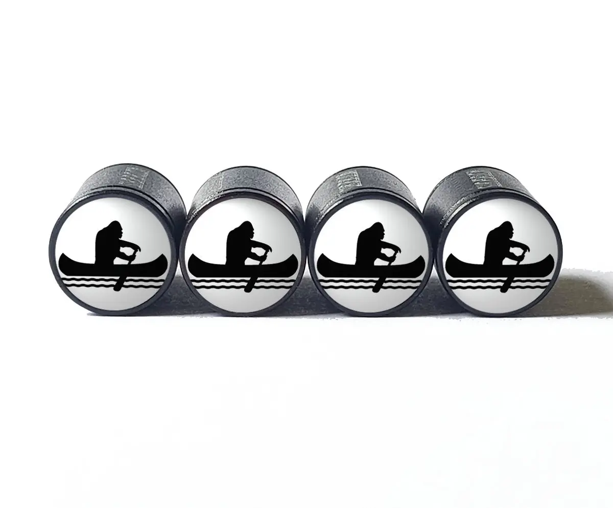 Bigfoot Sasquatch In A Canoe Tire Valve Caps - Black Aluminum - Set Of Four 2