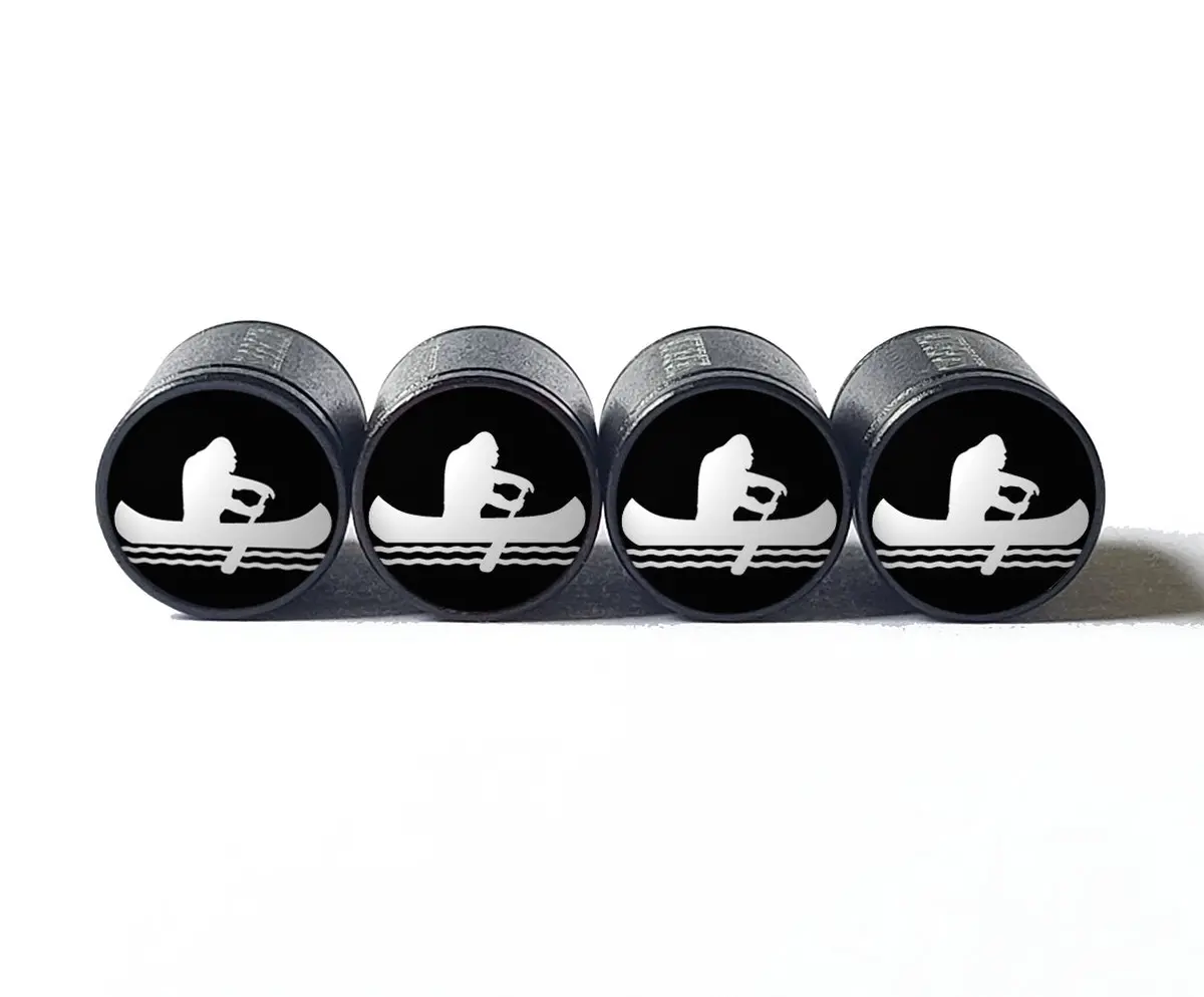 Bigfoot Sasquatch In A Canoe Tire Valve Caps - Black Aluminum - Set Of Four 1