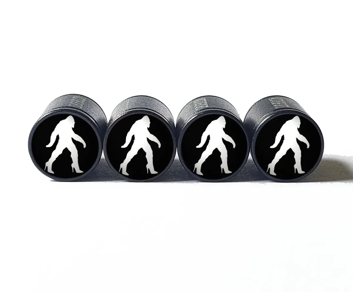 Bigfoot Sasquatch In High Heels Tire Valve Caps - Black Aluminum - Set Of Four 1