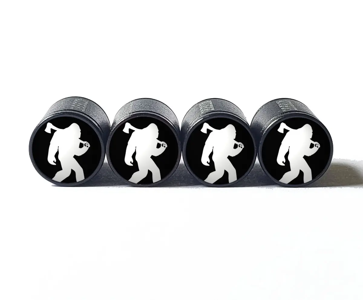 Bigfoot Sasquatch Lumberjack With Axe Tire Valve Caps - Black Aluminum - Set Of Four 1