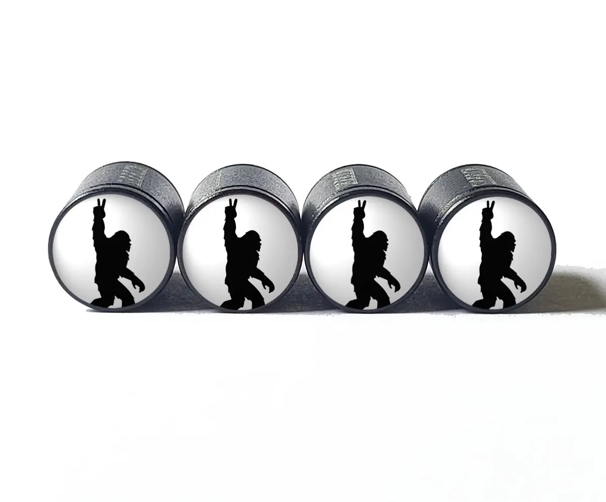 Bigfoot Sasquatch Peace Sign Tire Valve Caps - Black Aluminum - Set Of Four 2