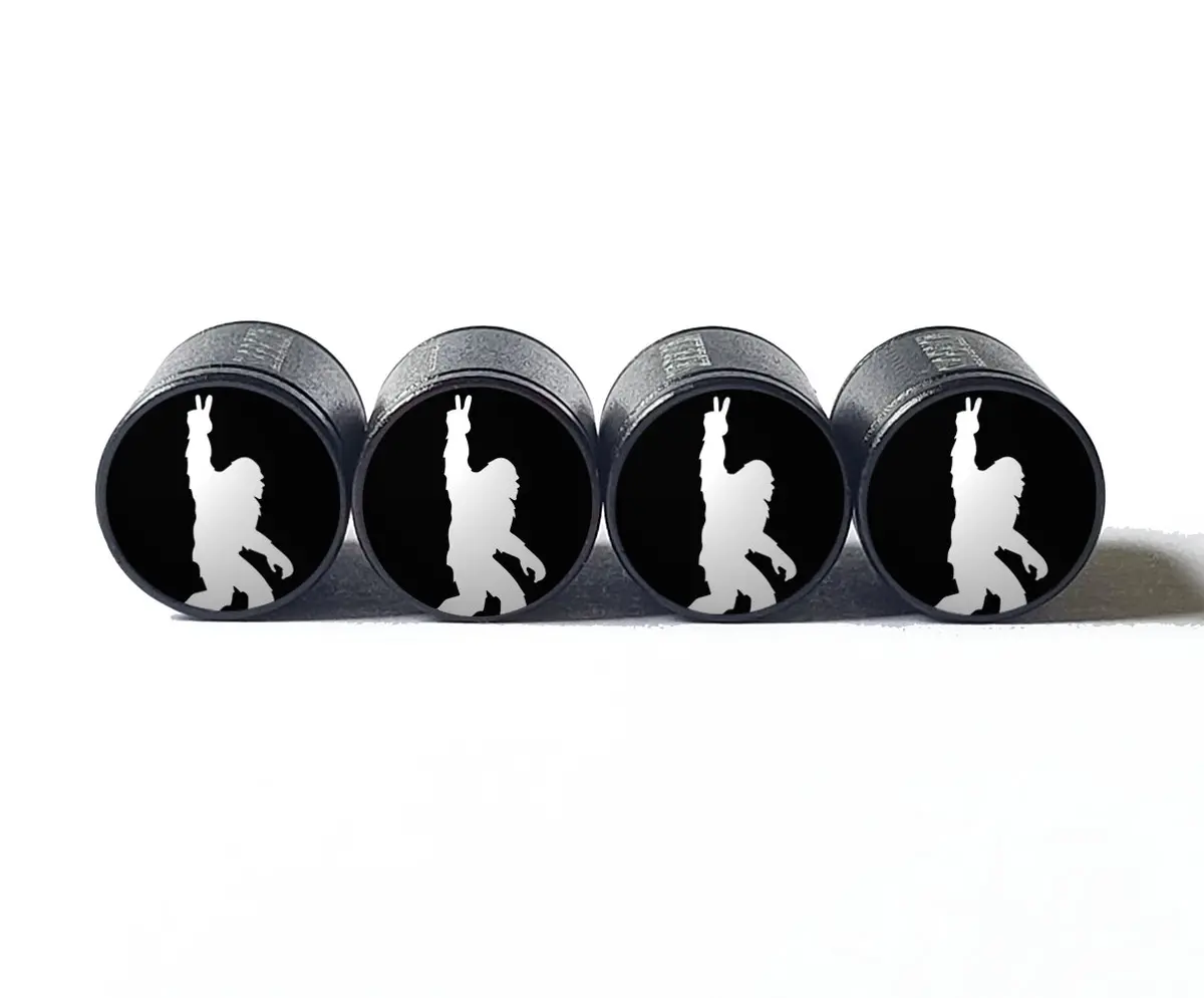 Bigfoot Sasquatch Peace Sign Tire Valve Caps - Black Aluminum - Set Of Four 1