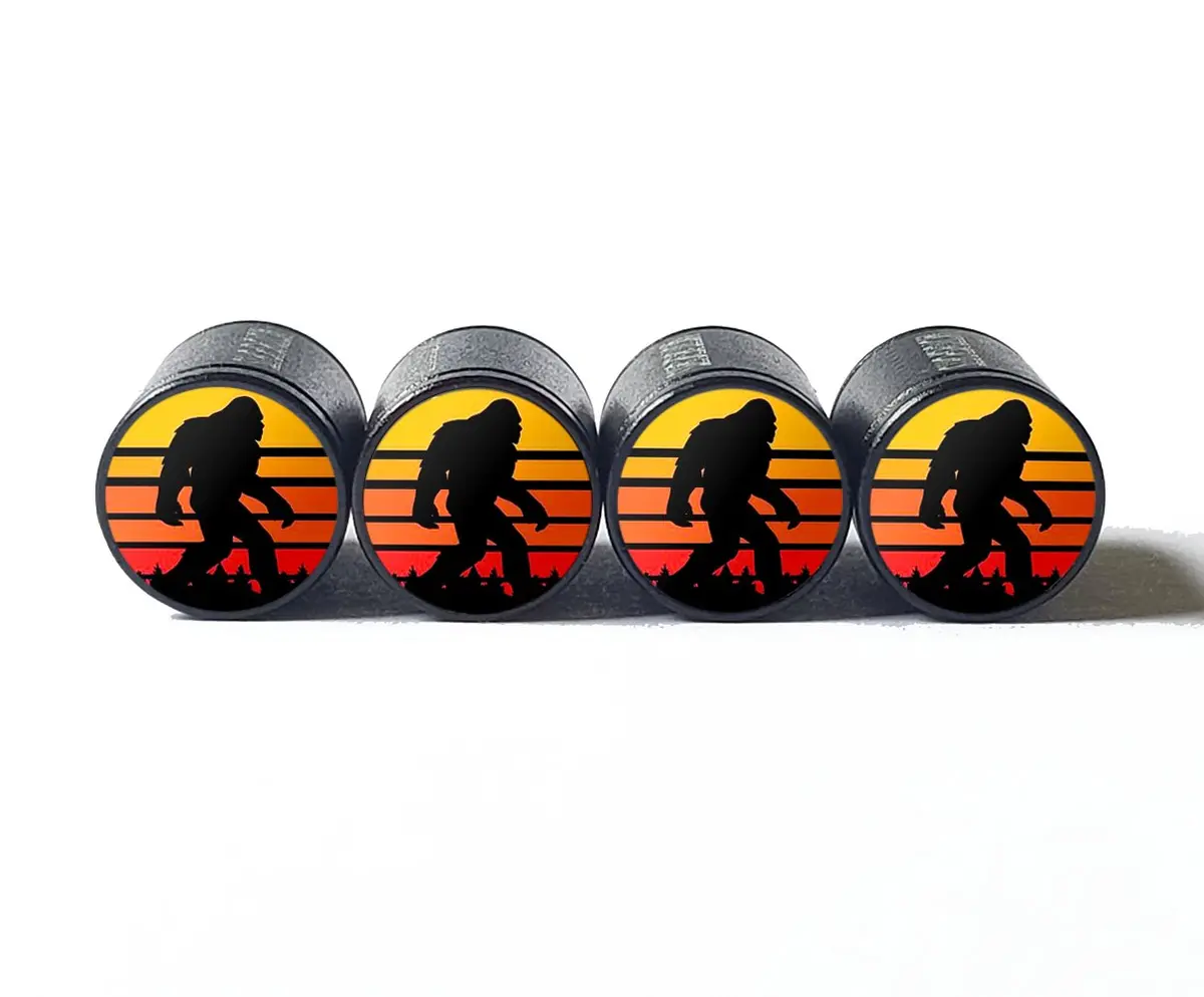 Bigfoot Sasquatch Retro Sunset Tire Valve Caps - Black Aluminum - Set Of Four 1