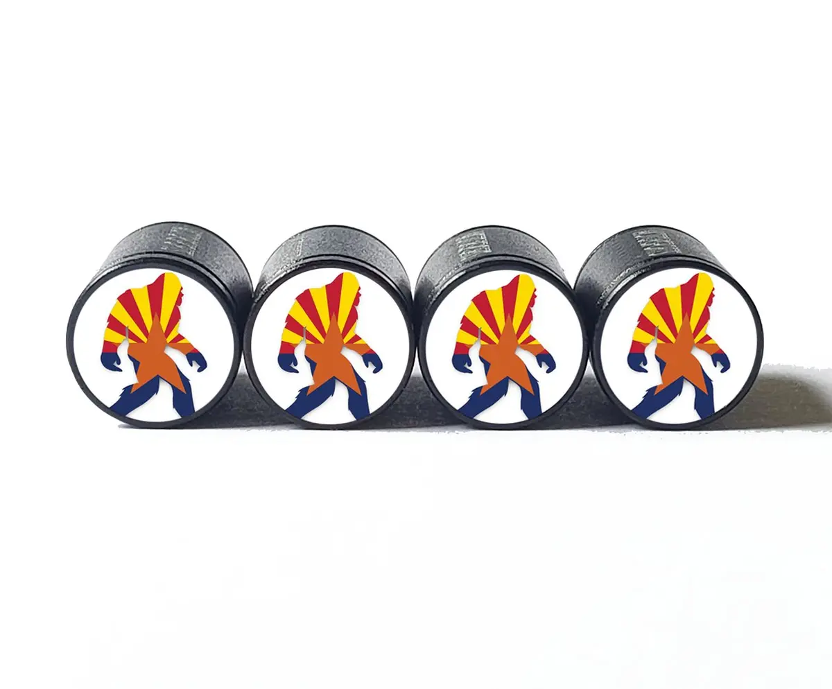 Bigfoot Sasquatch Shaped Arizona Flag Tire Valve Caps - Black Aluminum - Set Of Four 1