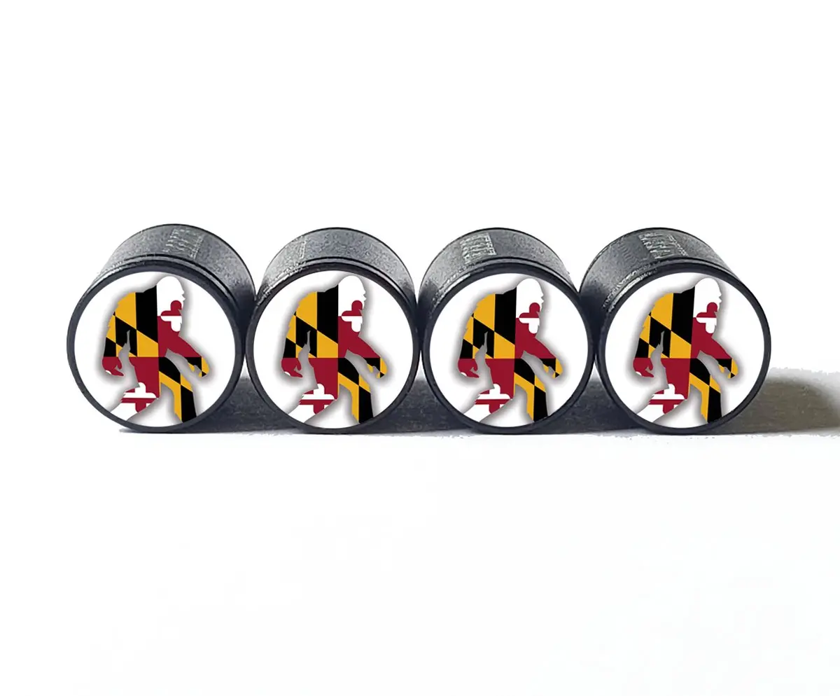 Bigfoot Sasquatch Shaped Maryland Flag Tire Valve Caps - Black Aluminum - Set Of Four 1