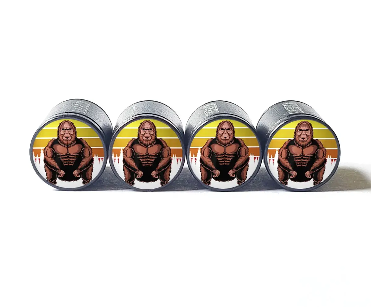 Bigfoot Sasquatch Sitting Tire Valve Caps - Black Aluminum - Set Of Four 1