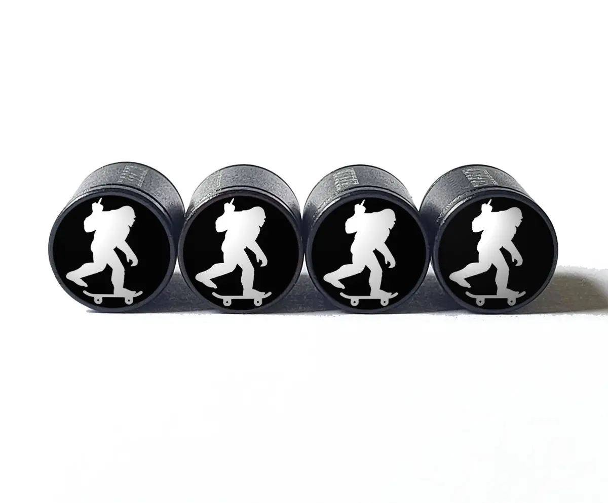 Bigfoot Sasquatch Skateboarding Middle Finger Tire Valve Caps - Black Aluminum - Set Of Four 1