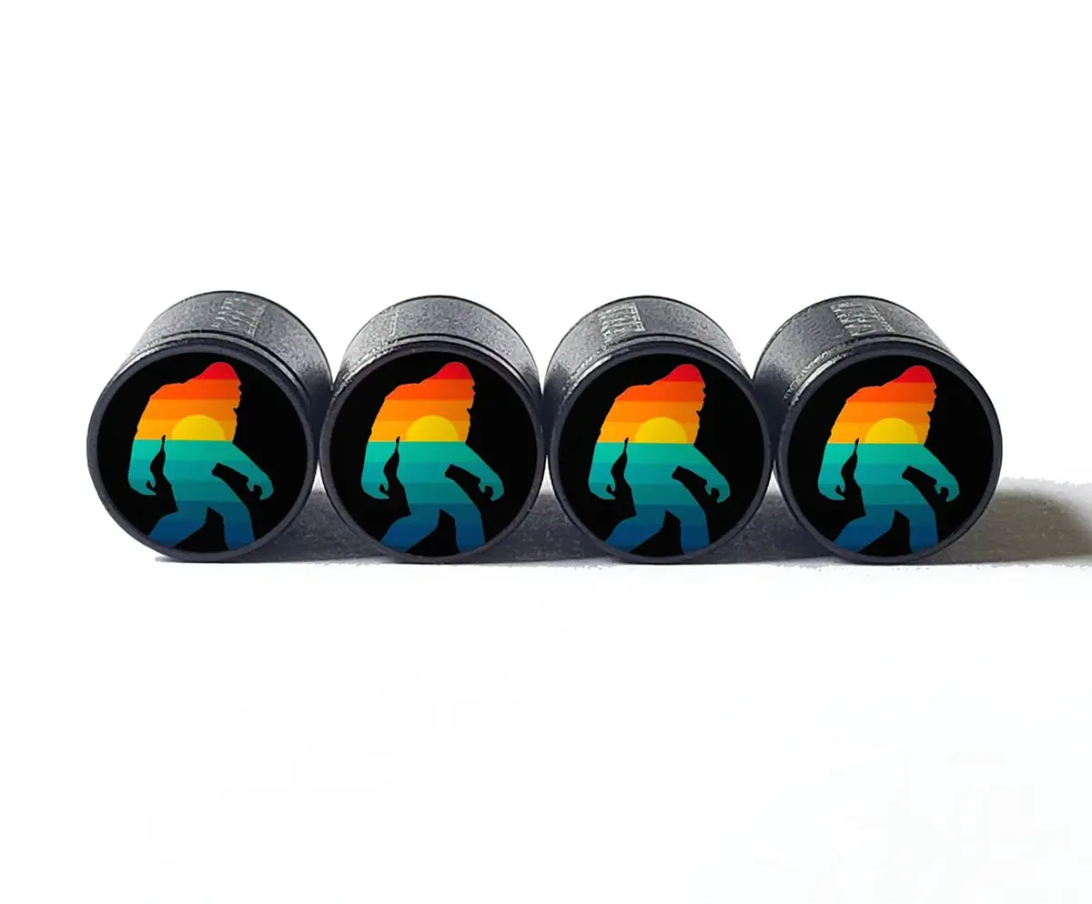 Bigfoot Sasquatch Vintage Rainbow Sunset Tire Valve Caps - Black Aluminum - Set Of Four 1