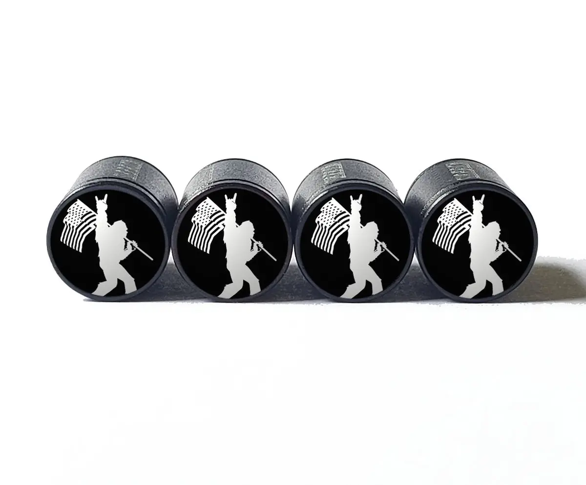 Bigfoot Sasquatch With American Flag Tire Valve Caps - Black Aluminum - Set Of Four 1