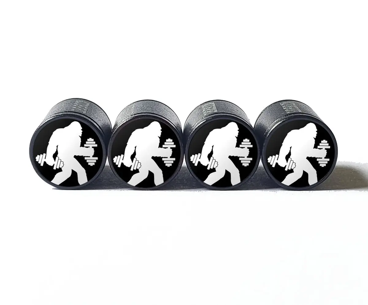 Bigfoot Sasquatch With Dumbbells Tire Valve Caps - Black Aluminum - Set Of Four 1