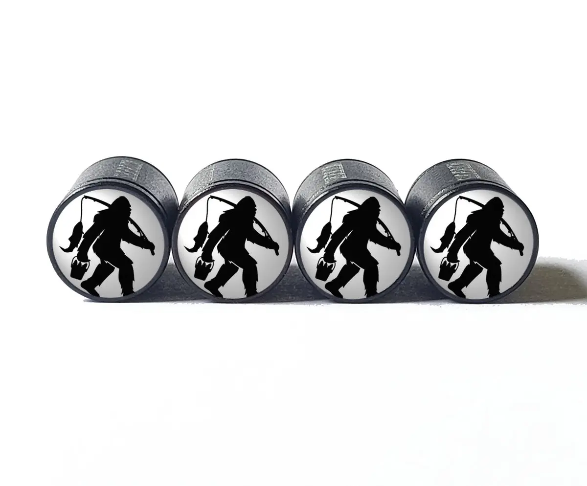 Bigfoot Sasquatch With Fishing Pole Tire Valve Caps - Black Aluminum - Set Of Four 2
