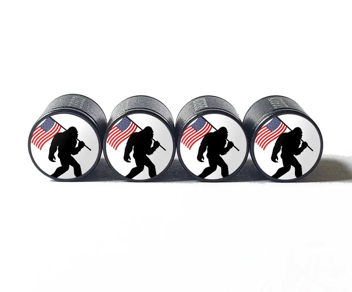 Bigfoot Sasquatch With Red, White, Blue Usa Flag Tire Valve Caps - Black Aluminum - Set Of Four 1
