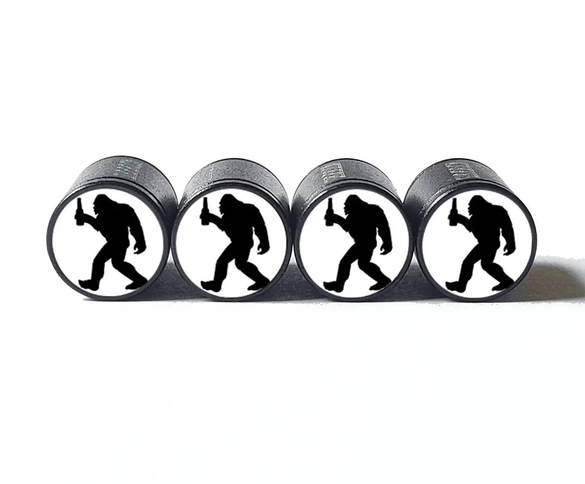 Bigfoot Sasquatch With Beer Bottle Tire Valve Caps - Black Aluminum - Set Of Four 1