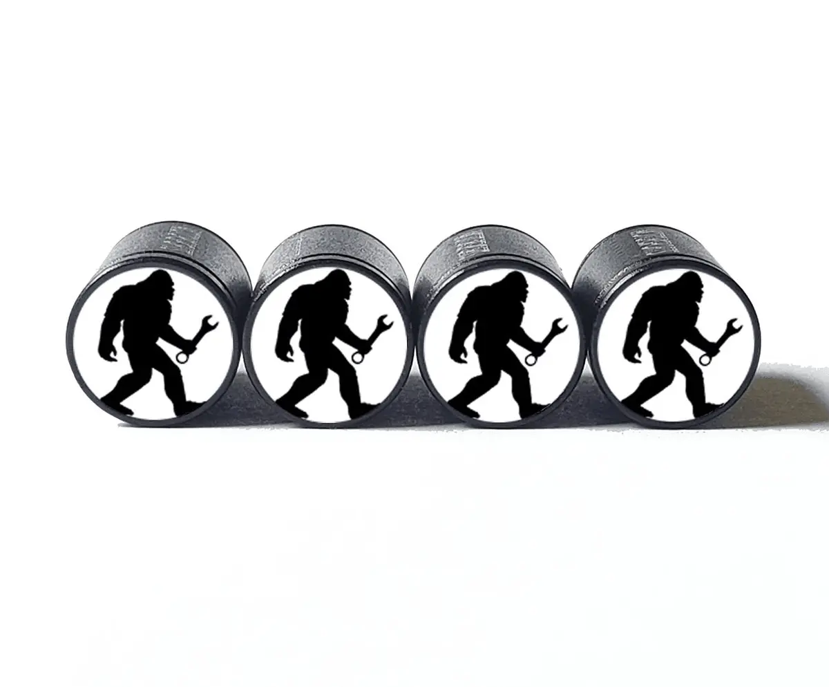 Bigfoot Sasquatch With Wrench Tire Valve Caps - Black Aluminum - Set Of Four 1