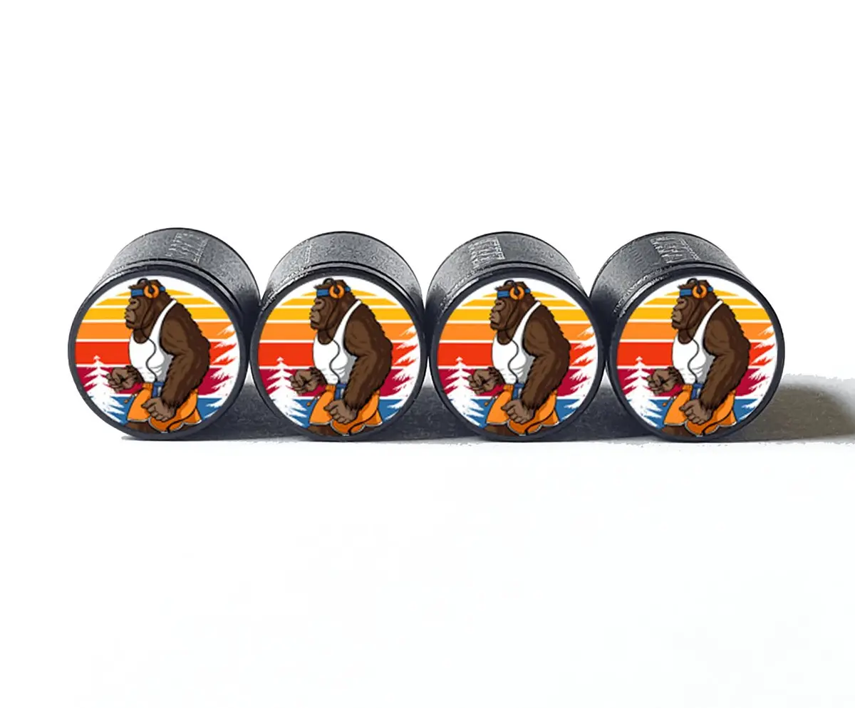 Bigfoot Sasquatch Working Out Tire Valve Caps - Black Aluminum - Set Of Four 1