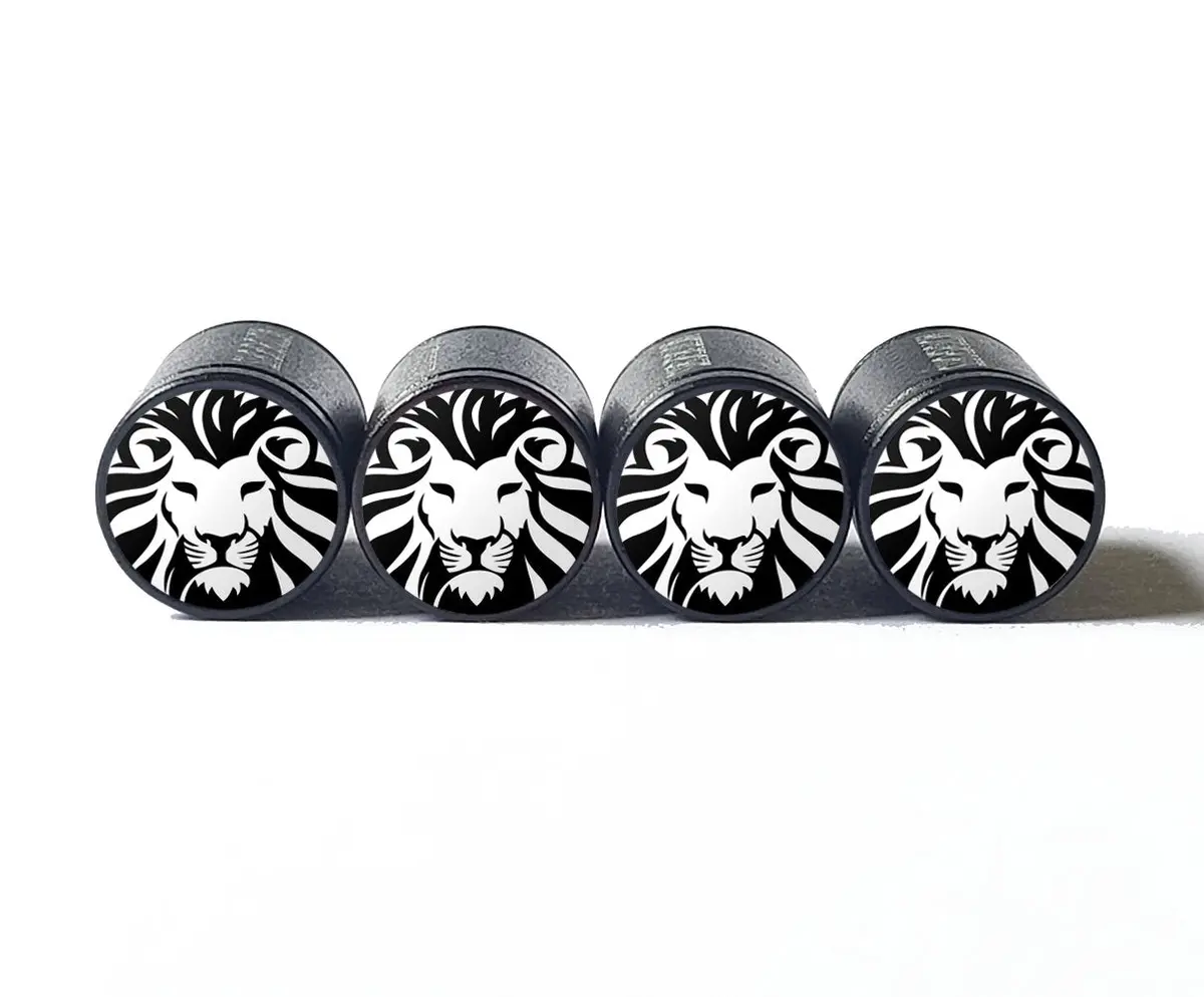 Black And White Lion's Head (Style 2) Tire Valve Caps - Black Aluminum - Set Of Four 1
