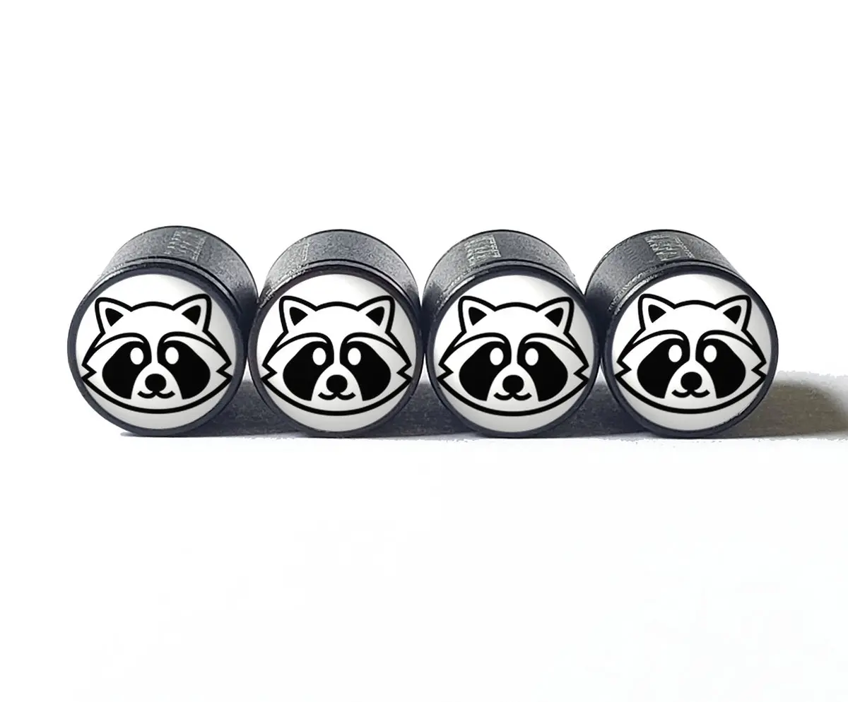 Black And White Raccoon Tire Valve Caps - Black Aluminum - Set Of Four 1