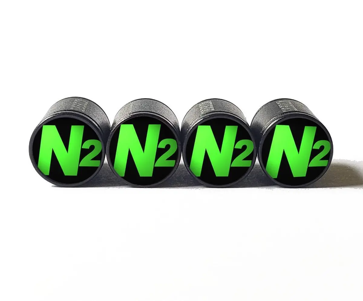 Black With Green N2 Nitrogen Tire Valve Caps - Black Aluminum - Universal 1