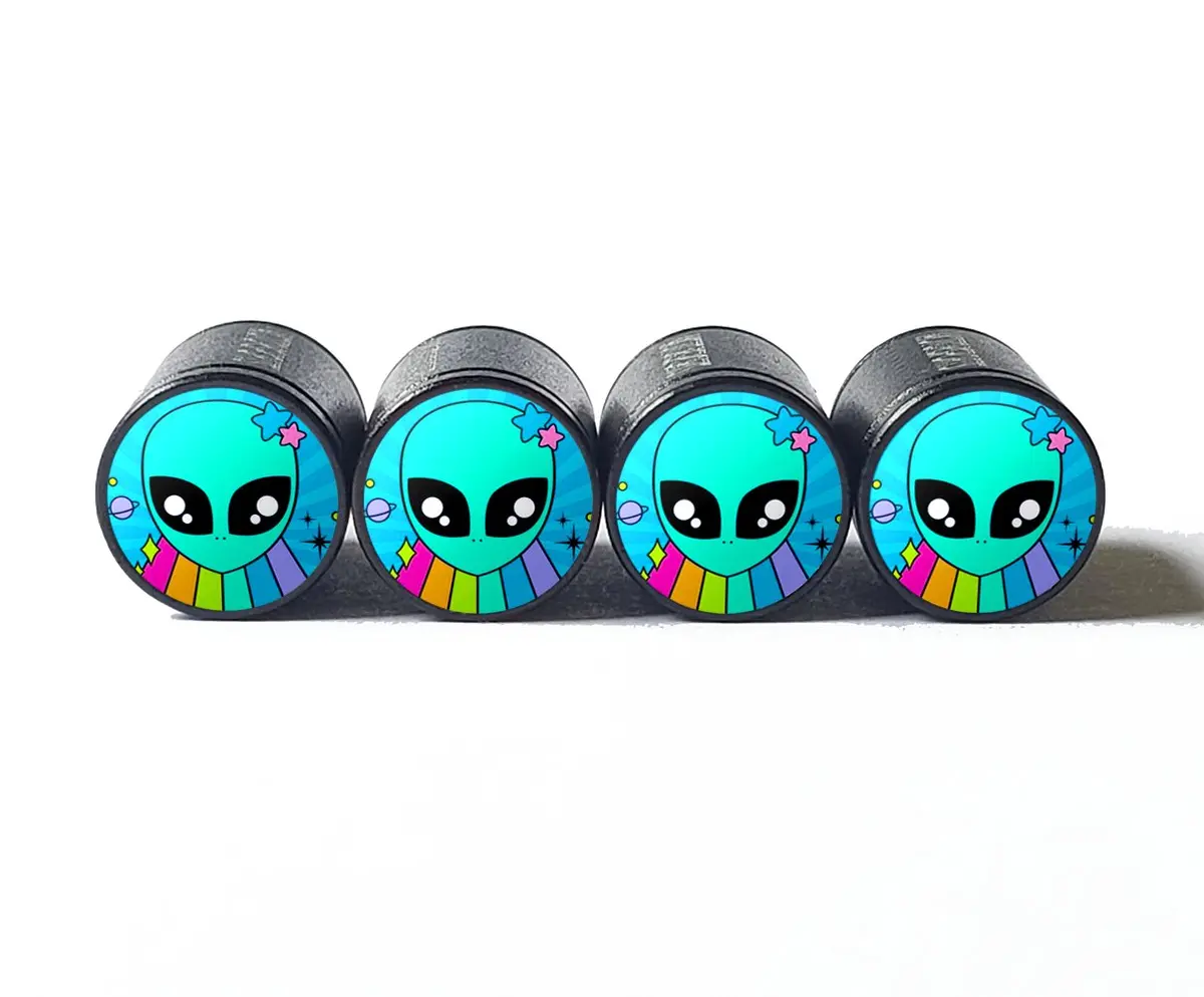 Blue Alien With Rainbow Rays Tire Valve Caps - Black Aluminum - Set Of Four 1