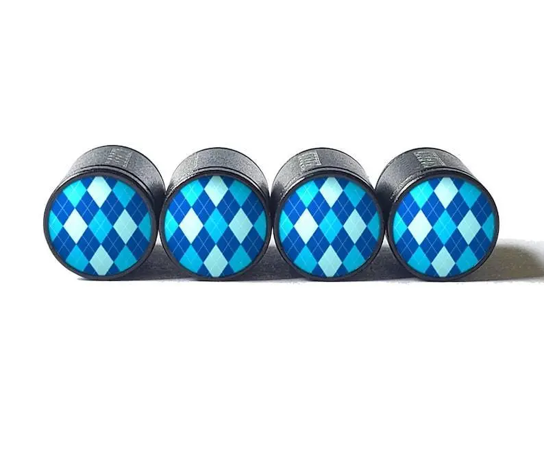 Blue Argyle Tire Valve Stem Caps - Black Aluminum - Set Of Four 1