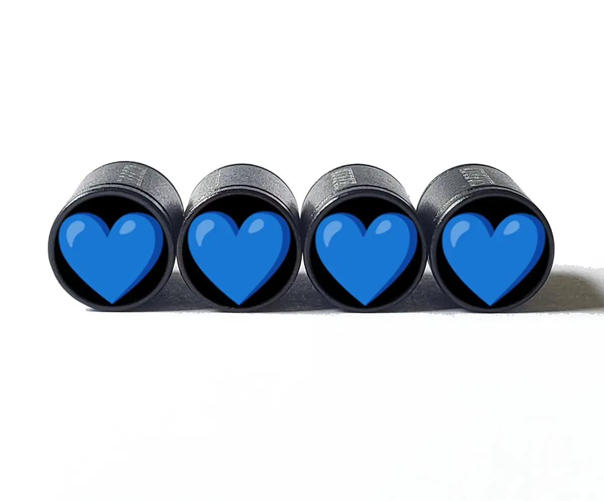 Blue Heart Emoji Tire Valve Caps - Black Aluminum - Set Of Four 1