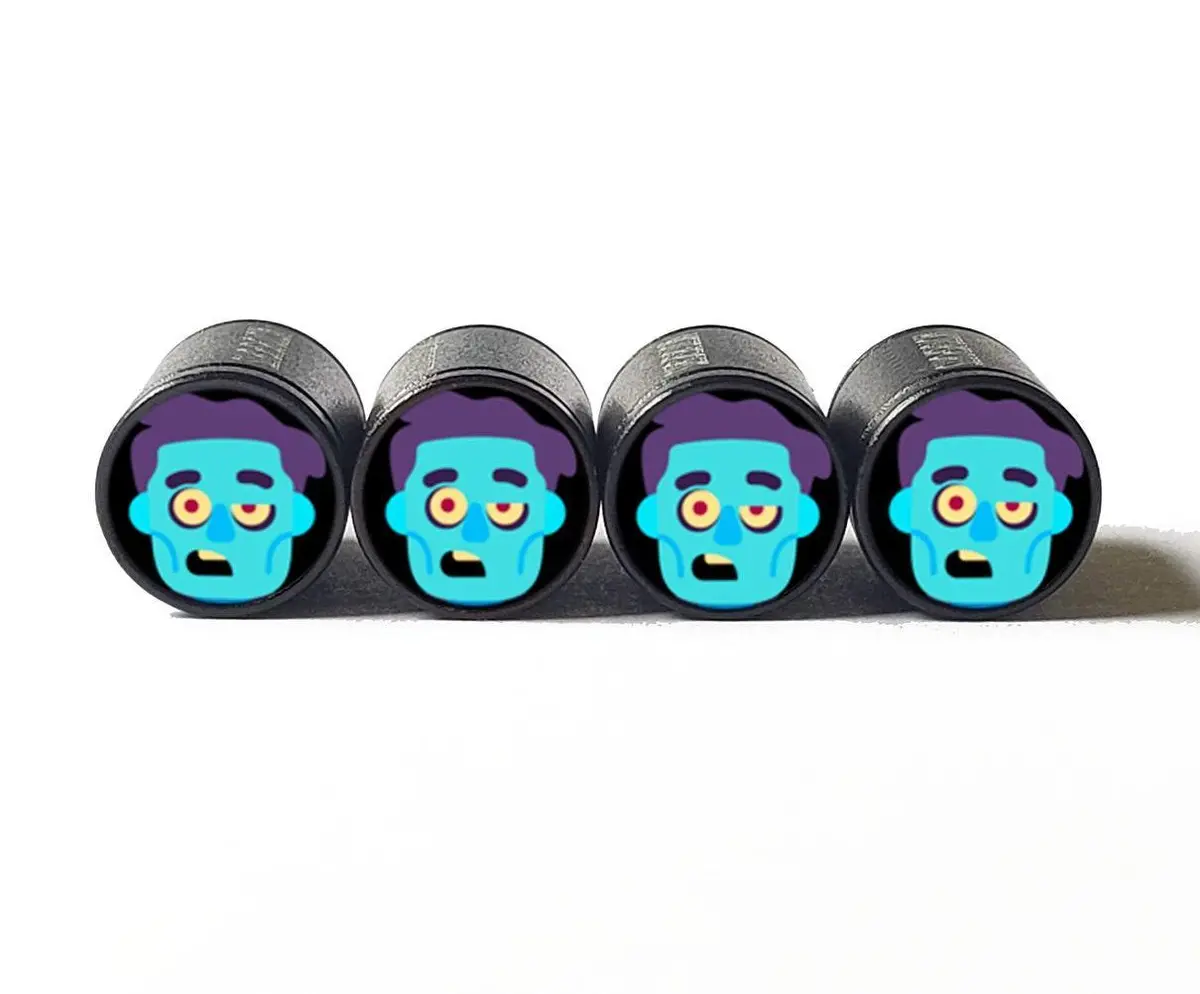 Blue Zombie Emoji Tire Valve Stem Caps - Black Aluminum - Set Of Four 1